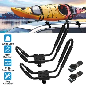 1 Pair Universal J-Bar Kayak Carrier 220LBS Load Heavy Duty Canoe Car Top Mount Carrier Roof Rack With 2Pcs Tie Down Straps (Option: Black)